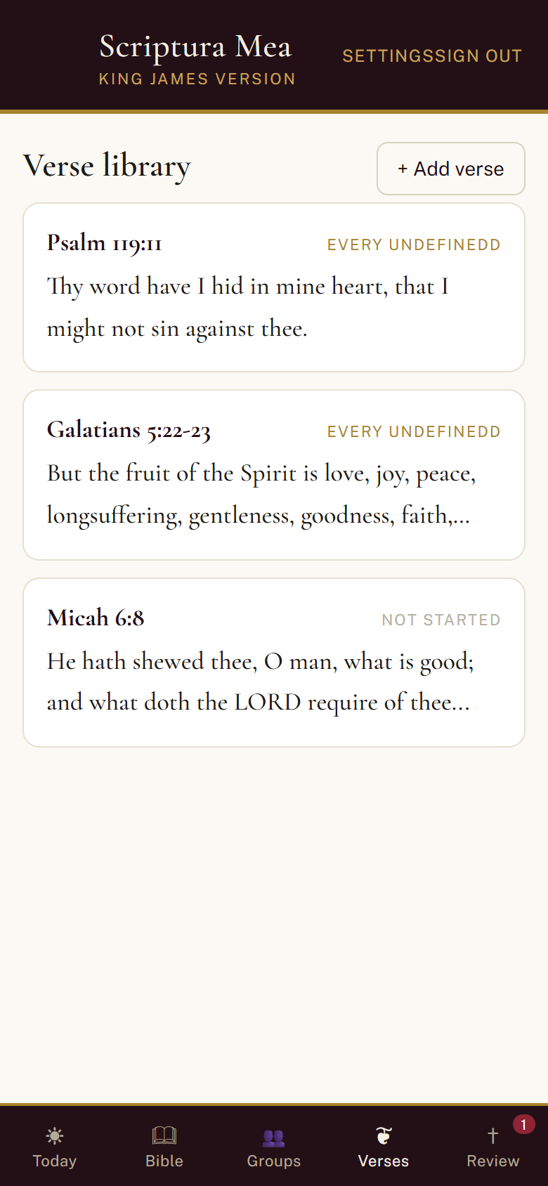 Scriptura Mea verse library screen