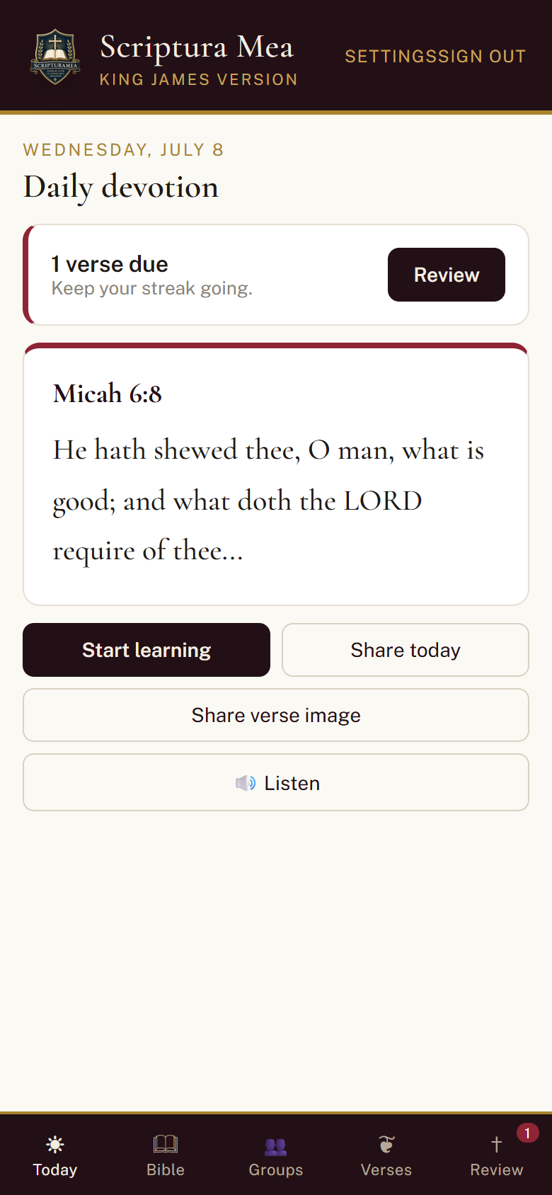 Scriptura Mea daily devotion screen